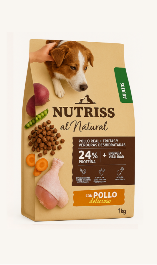 Nutriss Al Natural - Perros Adultos - 1 kg - Pollo Real, Frutas y Verduras Deshidratadas.